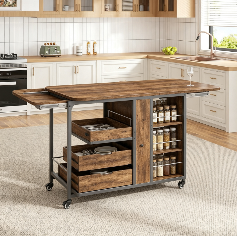 Îlot de cuisine sur roulettes pliable avec tiroirs et étagères de rangement, structure métal pour préparation repas et repas petit déjeuner