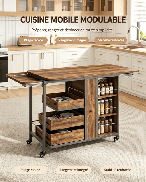 Îlot de cuisine sur roulettes pliable avec tiroirs et étagères de rangement, structure métal pour préparation repas et repas petit déjeuner