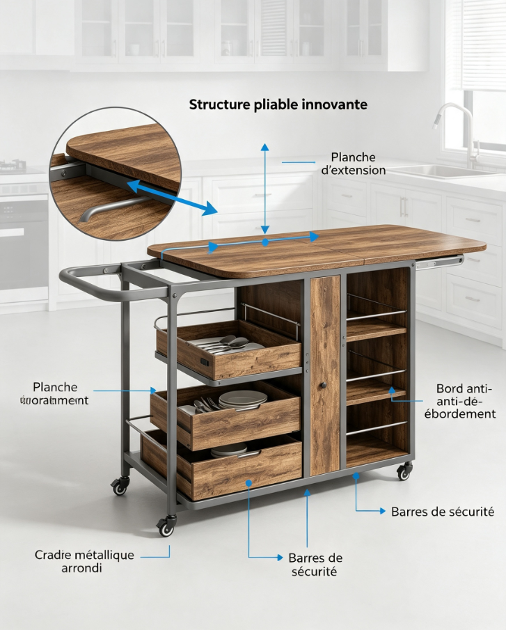 Îlot de cuisine sur roulettes pliable avec tiroirs et étagères de rangement, structure métal pour préparation repas et repas petit déjeuner
