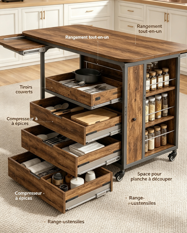 Îlot de cuisine sur roulettes pliable avec tiroirs et étagères de rangement, structure métal pour préparation repas et repas petit déjeuner
