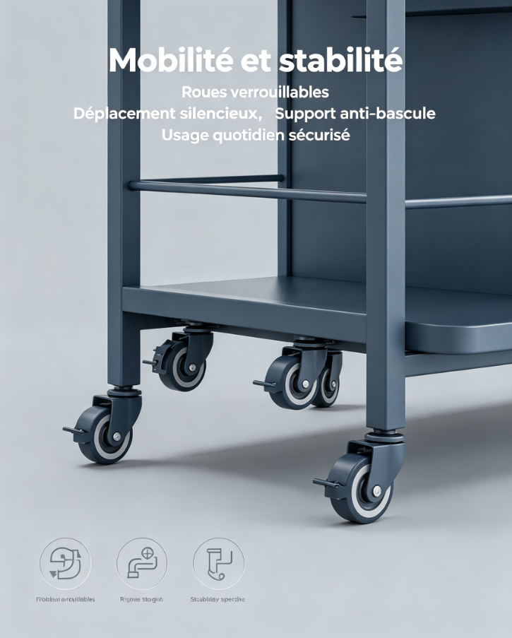 Îlot de cuisine sur roulettes pliable avec tiroirs et étagères de rangement, structure métal pour préparation repas et repas petit déjeuner