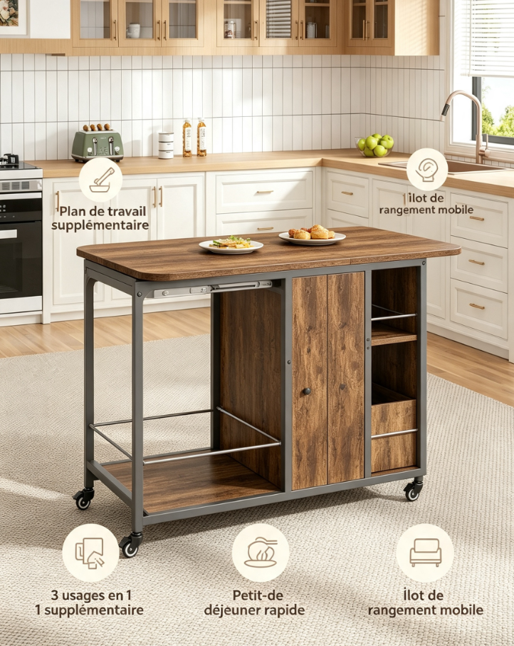 Îlot de cuisine sur roulettes pliable avec tiroirs et étagères de rangement, structure métal pour préparation repas et repas petit déjeuner
