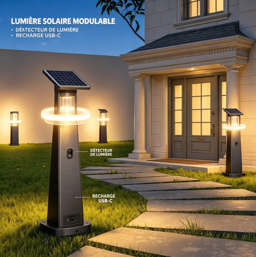 Borne de jardin solaire intelligente modulable, éclairage extérieur à détection de luminosité