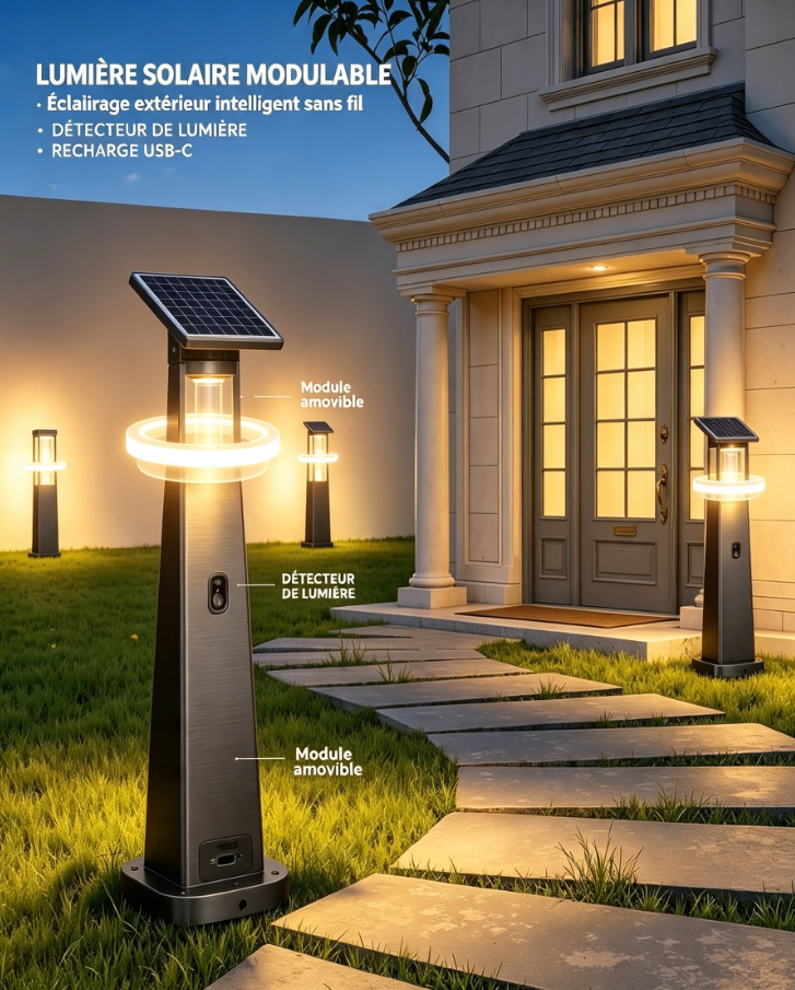 Borne de jardin solaire intelligente modulable, éclairage extérieur à détection de luminosité