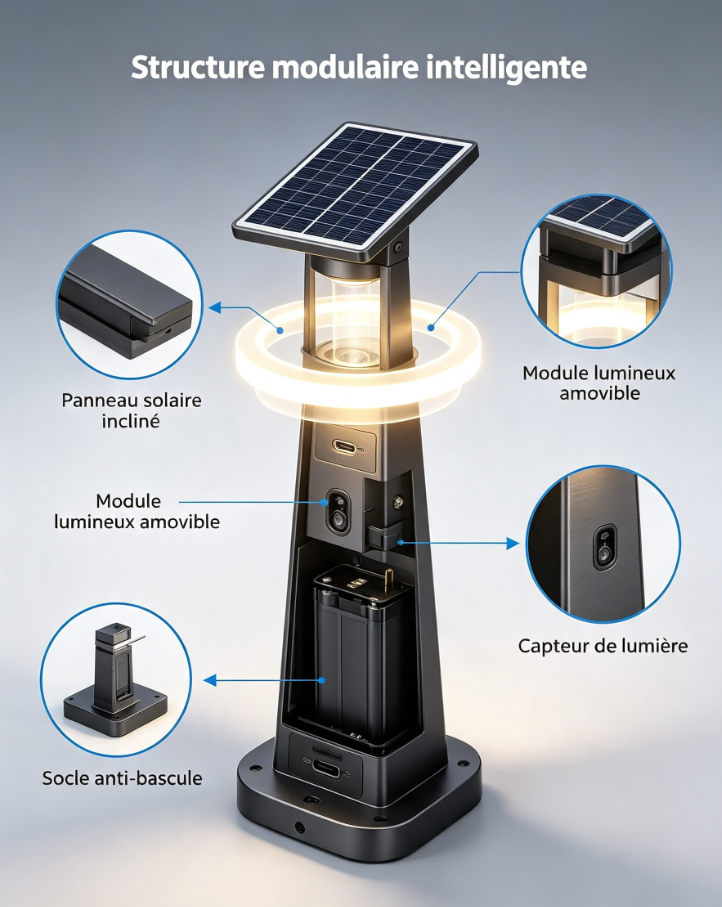Borne de jardin solaire intelligente modulable, éclairage extérieur à détection de luminosité