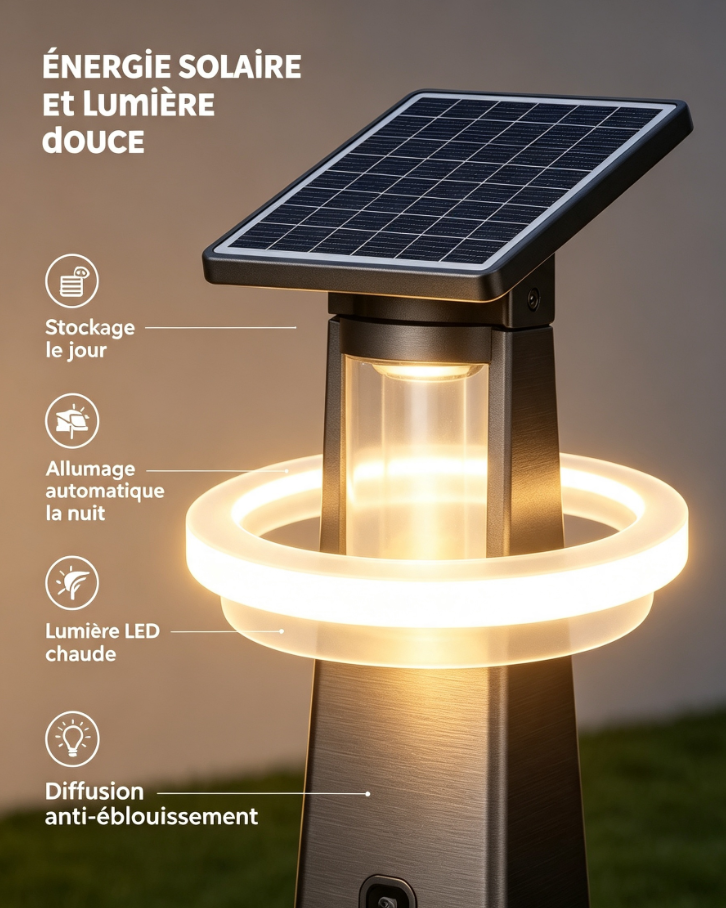 Borne de jardin solaire intelligente modulable, éclairage extérieur à détection de luminosité