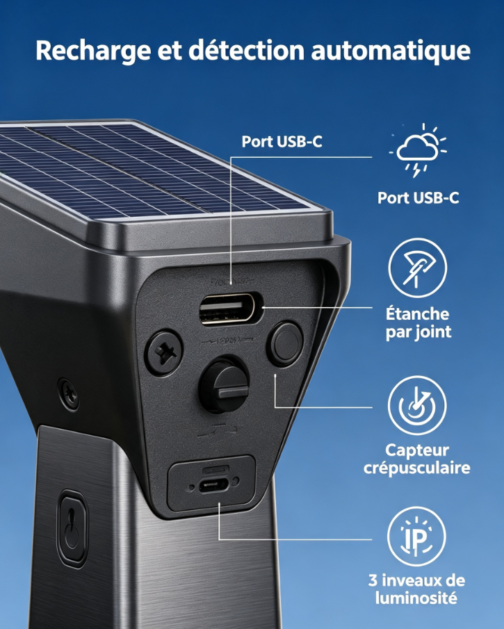 Borne de jardin solaire intelligente modulable, éclairage extérieur à détection de luminosité