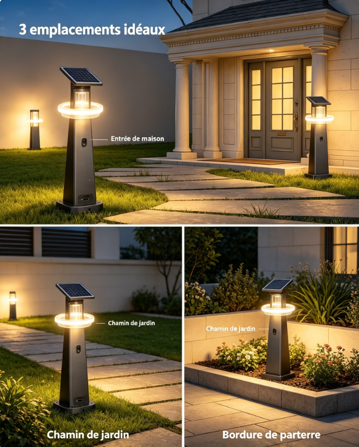 Borne de jardin solaire intelligente modulable, éclairage extérieur à détection de luminosité