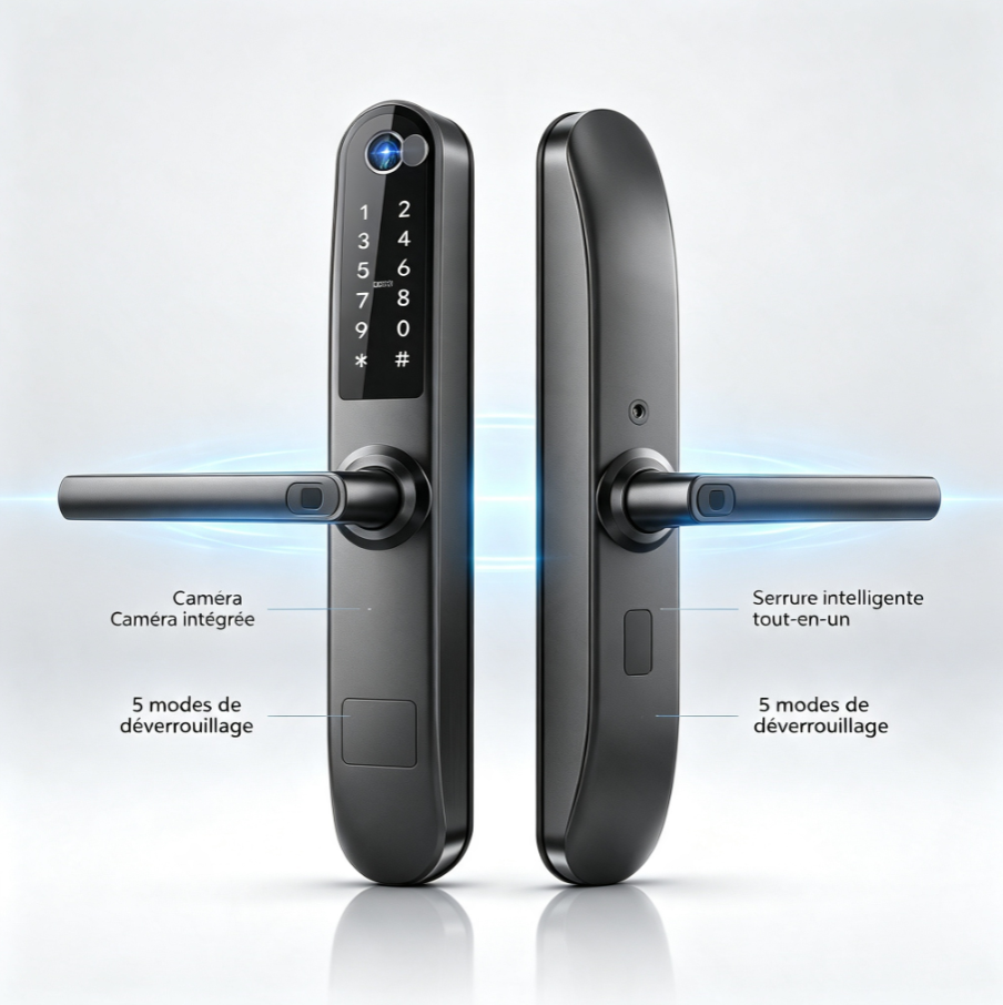 Serrure connectée incurvée tout-en-un, empreinte sur poignée, caméra vision nocturne, cartes RFID, clés temporaires pour appartements locatifs et villas