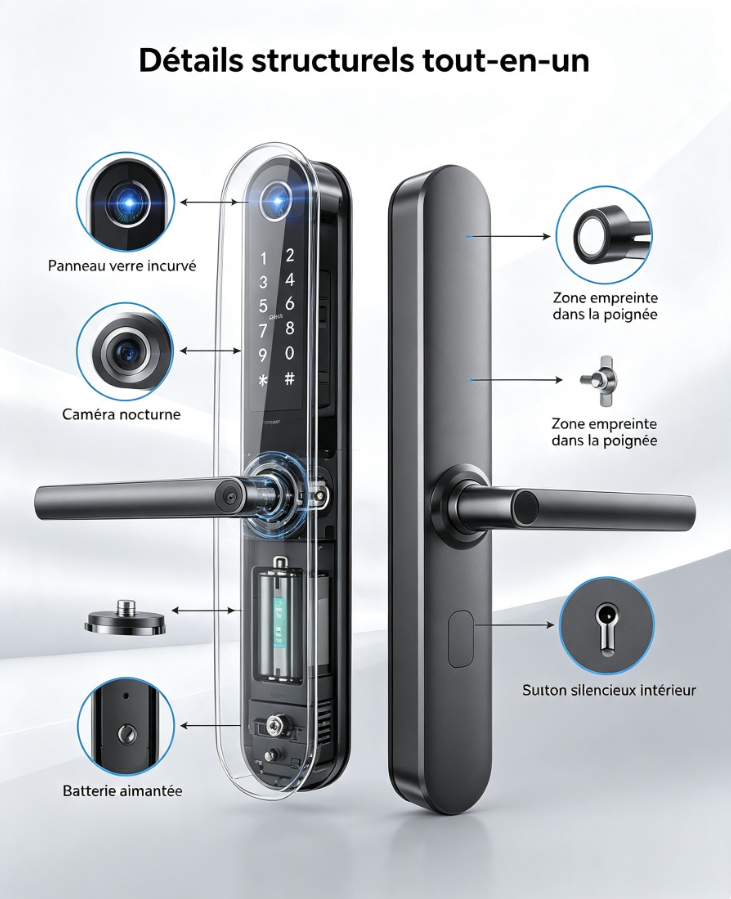 Serrure connectée incurvée tout-en-un, empreinte sur poignée, caméra vision nocturne, cartes RFID, clés temporaires pour appartements locatifs et villas