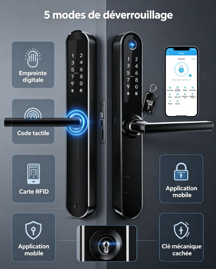 Serrure connectée incurvée tout-en-un, empreinte sur poignée, caméra vision nocturne, cartes RFID, clés temporaires pour appartements locatifs et villas