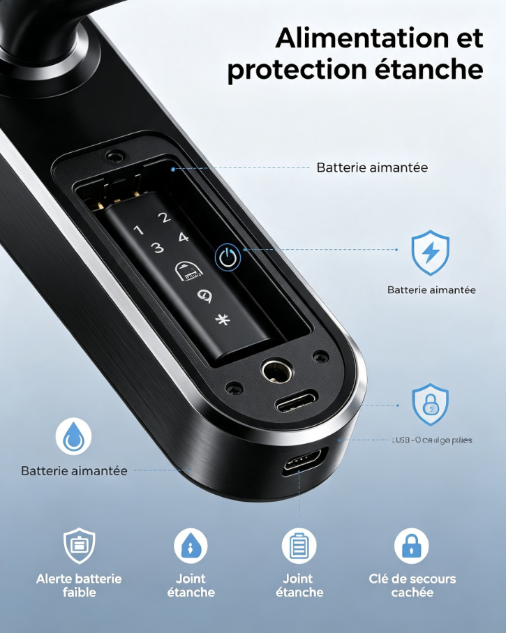 Serrure connectée incurvée tout-en-un, empreinte sur poignée, caméra vision nocturne, cartes RFID, clés temporaires pour appartements locatifs et villas