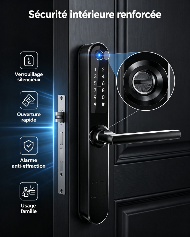 Serrure connectée incurvée tout-en-un, empreinte sur poignée, caméra vision nocturne, cartes RFID, clés temporaires pour appartements locatifs et villas