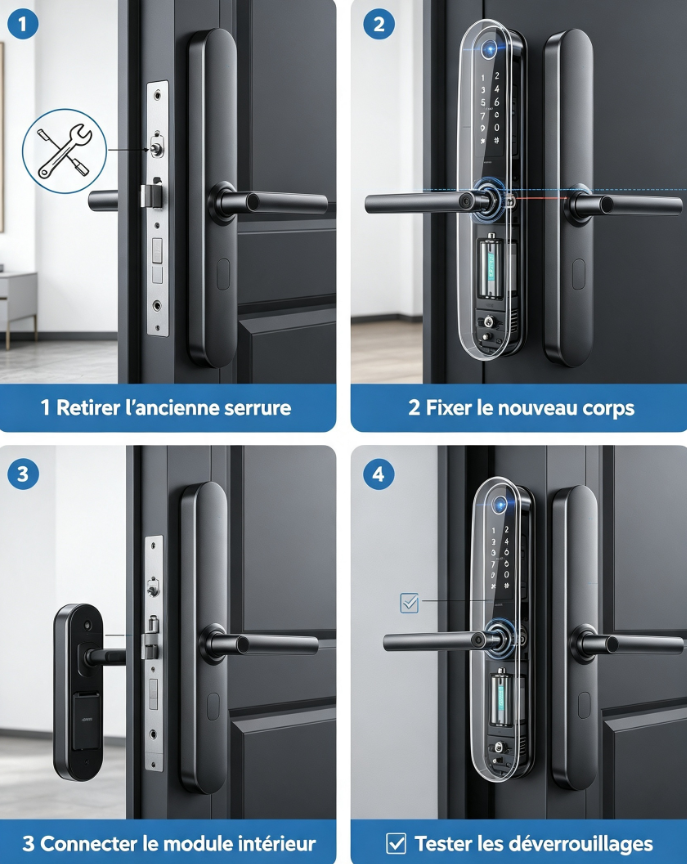 Serrure connectée incurvée tout-en-un, empreinte sur poignée, caméra vision nocturne, cartes RFID, clés temporaires pour appartements locatifs et villas