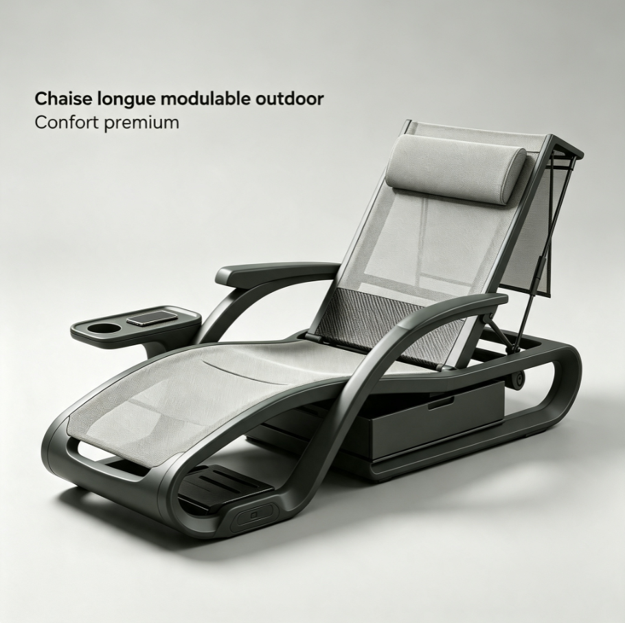 Transat de jardin pliable à dossier inclinable, tissu respirant, emplacement gobelet & téléphone, roues de déplacement pour piscine, terrasse et camping