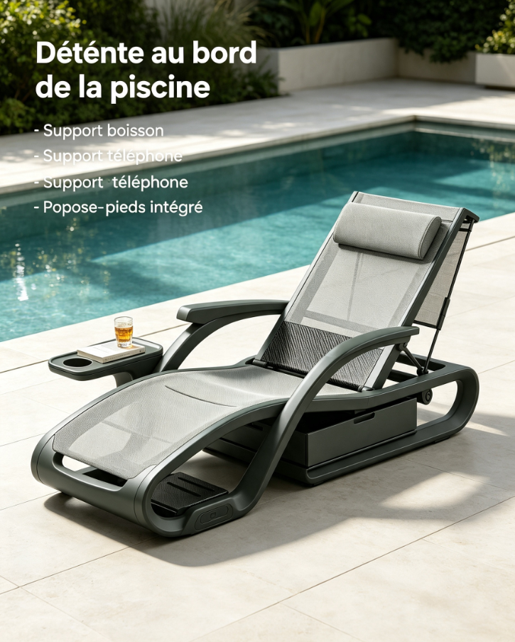 Transat de jardin pliable à dossier inclinable, tissu respirant, emplacement gobelet & téléphone, roues de déplacement pour piscine, terrasse et camping