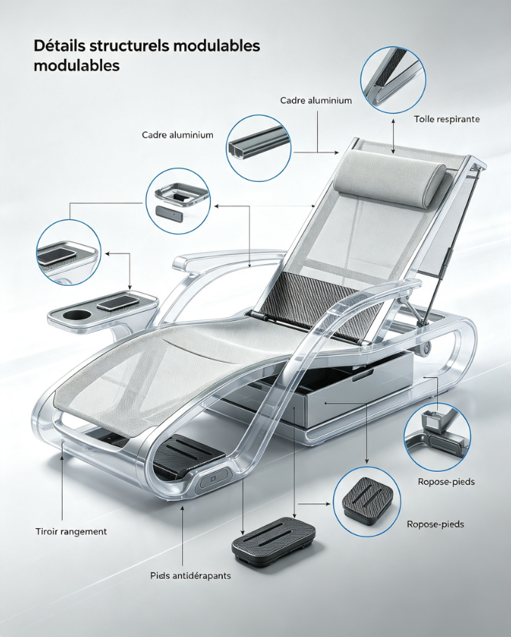 Transat de jardin pliable à dossier inclinable, tissu respirant, emplacement gobelet & téléphone, roues de déplacement pour piscine, terrasse et camping