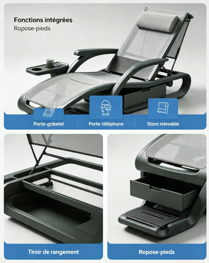 Transat de jardin pliable à dossier inclinable, tissu respirant, emplacement gobelet & téléphone, roues de déplacement pour piscine, terrasse et camping