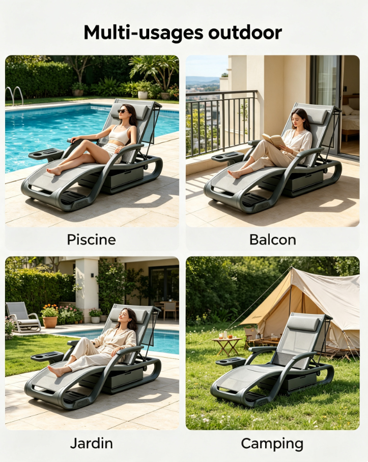 Transat de jardin pliable à dossier inclinable, tissu respirant, emplacement gobelet & téléphone, roues de déplacement pour piscine, terrasse et camping