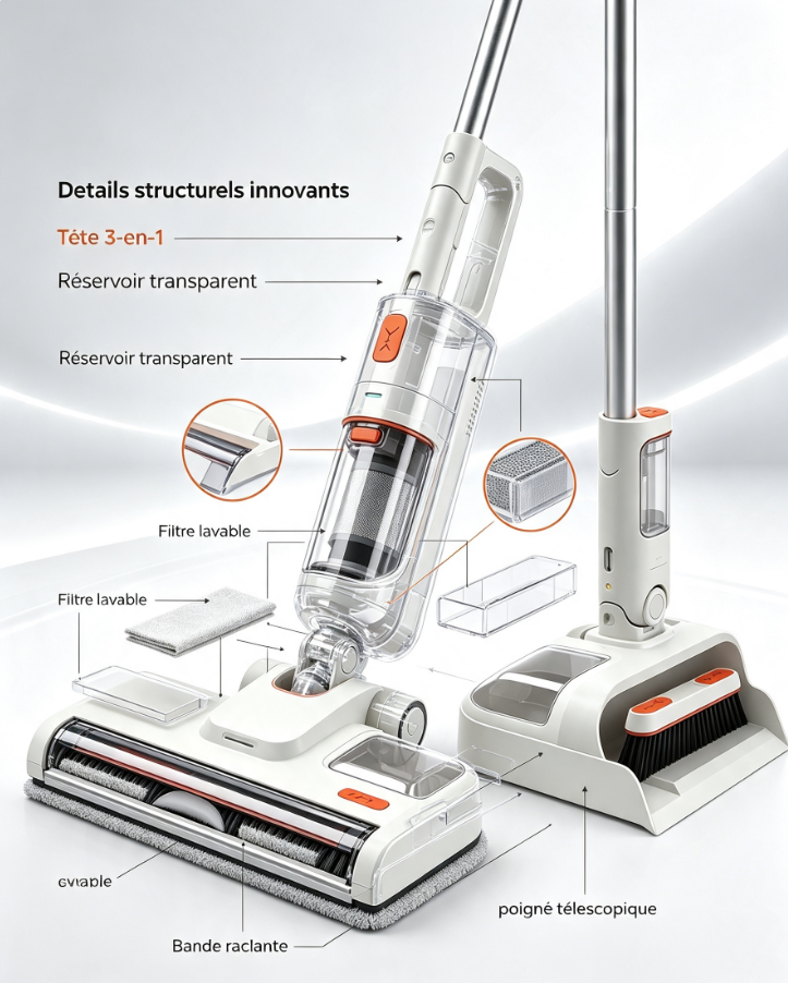 Laveur de sol vertical sans fil, rouleau autonettoyant, station de recharge intégrée, pour parquet, carrelage et sols domestiques