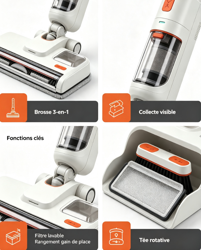 Laveur de sol vertical sans fil, rouleau autonettoyant, station de recharge intégrée, pour parquet, carrelage et sols domestiques