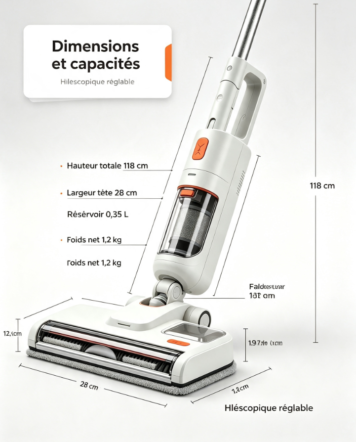 Laveur de sol vertical sans fil, rouleau autonettoyant, station de recharge intégrée, pour parquet, carrelage et sols domestiques