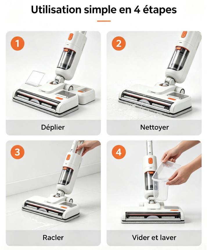 Laveur de sol vertical sans fil, rouleau autonettoyant, station de recharge intégrée, pour parquet, carrelage et sols domestiques