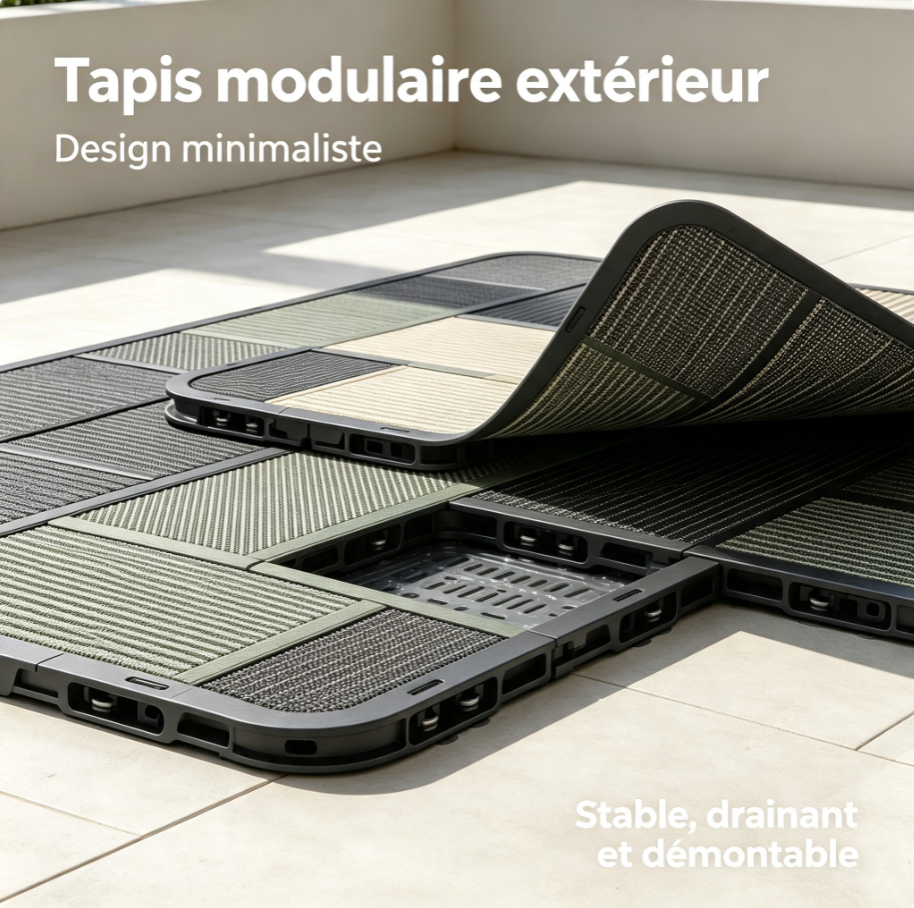 Tapis de terrasse modulaire antidérapant, système de connexion invisible, évacuation de l’eau, entretien facile, pour balcon, piscine, camping et jardin