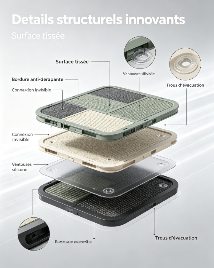 Tapis de terrasse modulaire antidérapant, système de connexion invisible, évacuation de l’eau, entretien facile, pour balcon, piscine, camping et jardin