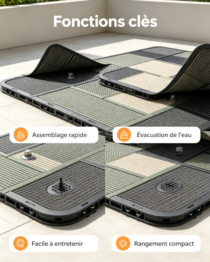 Tapis de terrasse modulaire antidérapant, système de connexion invisible, évacuation de l’eau, entretien facile, pour balcon, piscine, camping et jardin