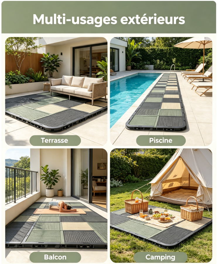 Tapis de terrasse modulaire antidérapant, système de connexion invisible, évacuation de l’eau, entretien facile, pour balcon, piscine, camping et jardin