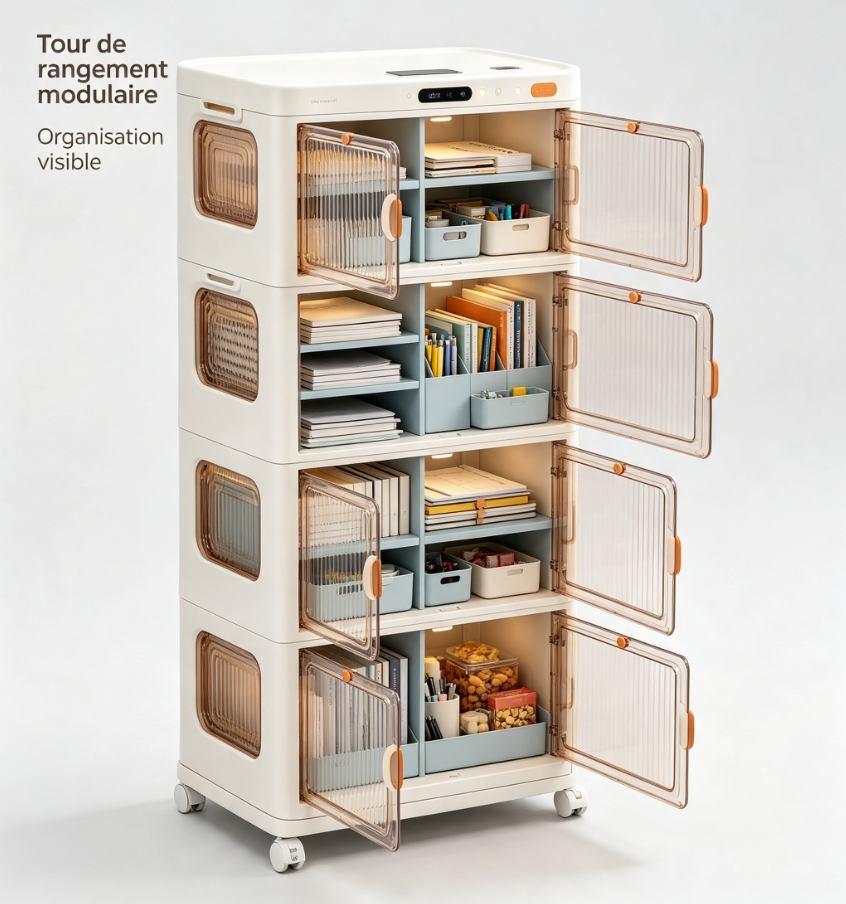Tour de rangement modulaire transparente : organisez, visualisez et déplacez facilement